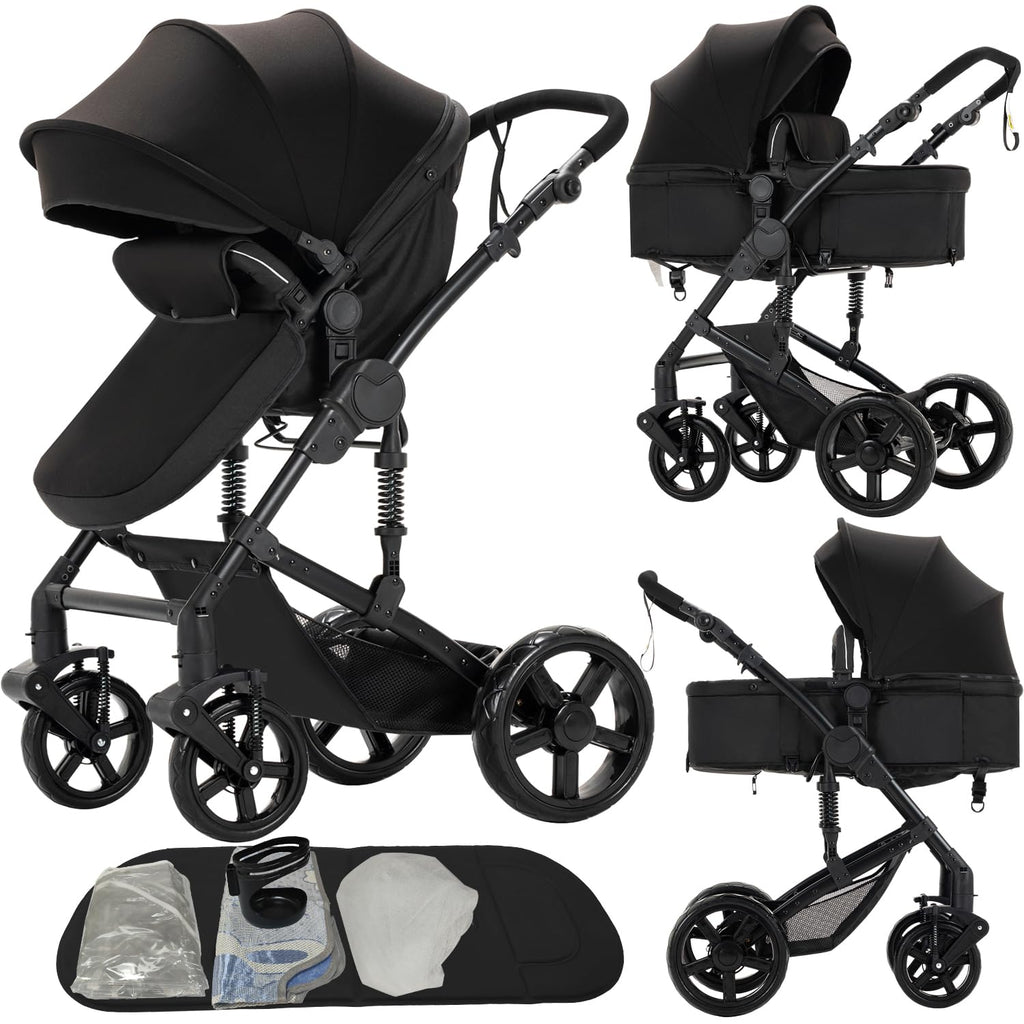 Nine point nine 2 in 1 Baby Stroller, Reversible Convertible Infant Stroller of One-Click Folding, Newborn Travel Strollers Toddler Standard Pram Carriage (2US588-BLACK)