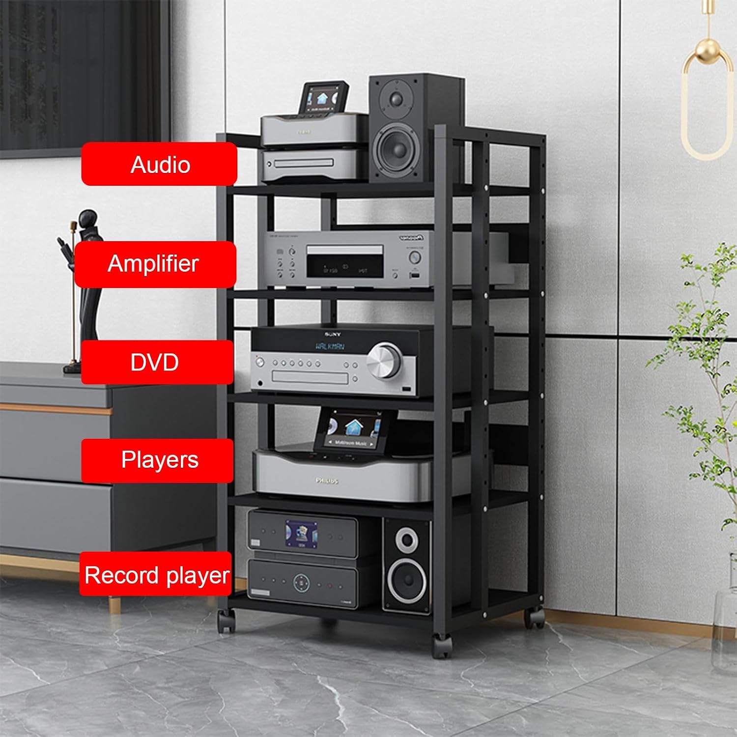 Stereo Cabinet Media Storage Stands with Storage Drawers, 5 Tier Vintage Audio-Video Media Stand, Home Theater Cabinet Electronics Equipment Shelf Tower (Size : 5-Tier (A))