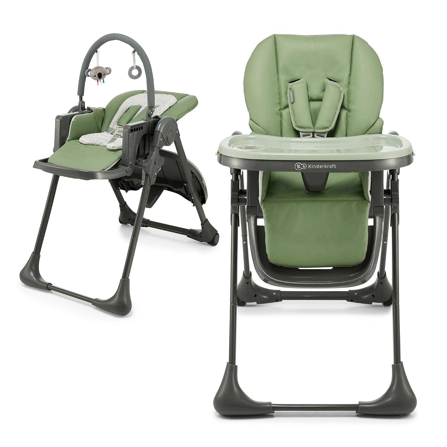 Kinderkraft Tummie, 2-in-1 high Chair, Baby Chair, Ergonomic, Comfortable, Reclining, Foldable, with Ajustable Height, Footrest, Detachable Tray, for Toddler, with Toys, Green