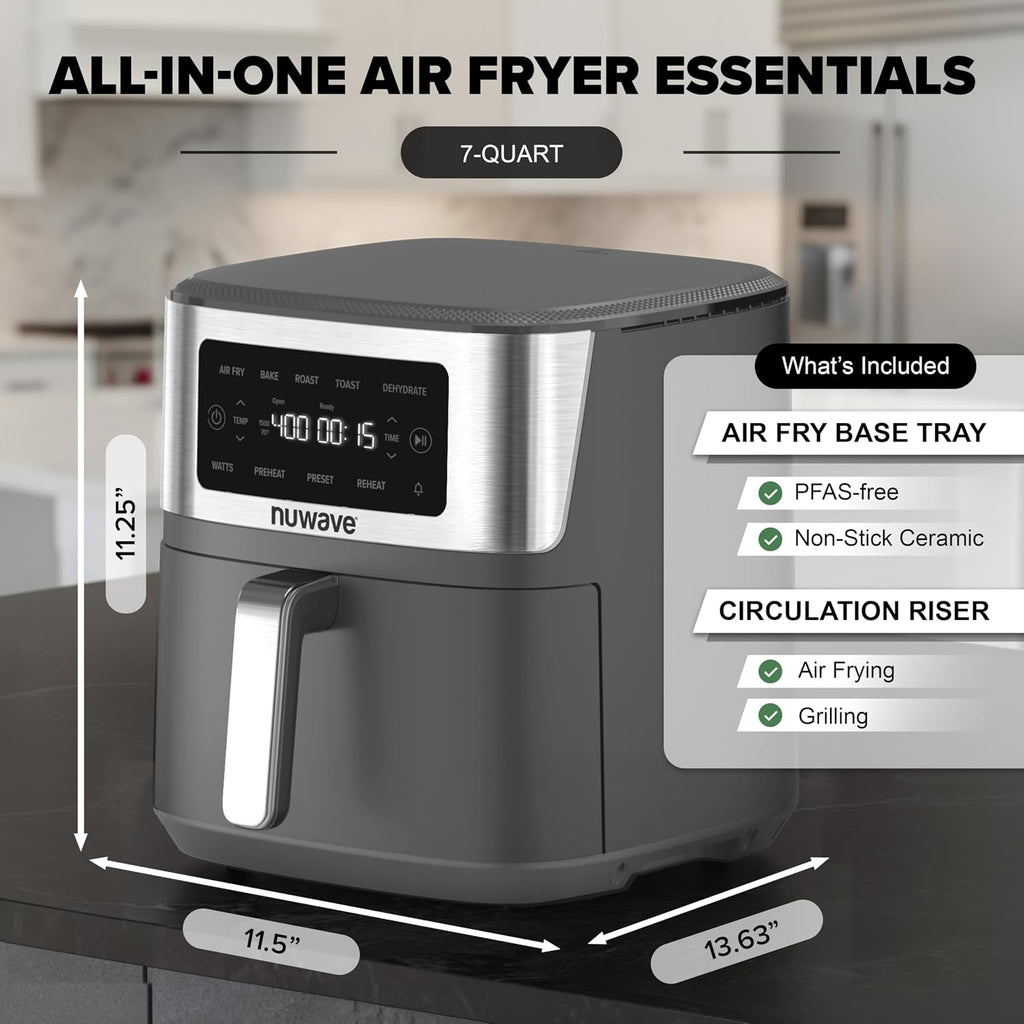 Nuwave Brio Plus 6-in-1 Air Fryer, 7-Qt Large Capacity, 50°F–400°F Precise Temp Control, Non-Toxic PFAS-Free Nonstick, Air Fry, Bake, Roast, Toast, Dehydrate, Reheat, 100 Presets, Dishwasher Safe
