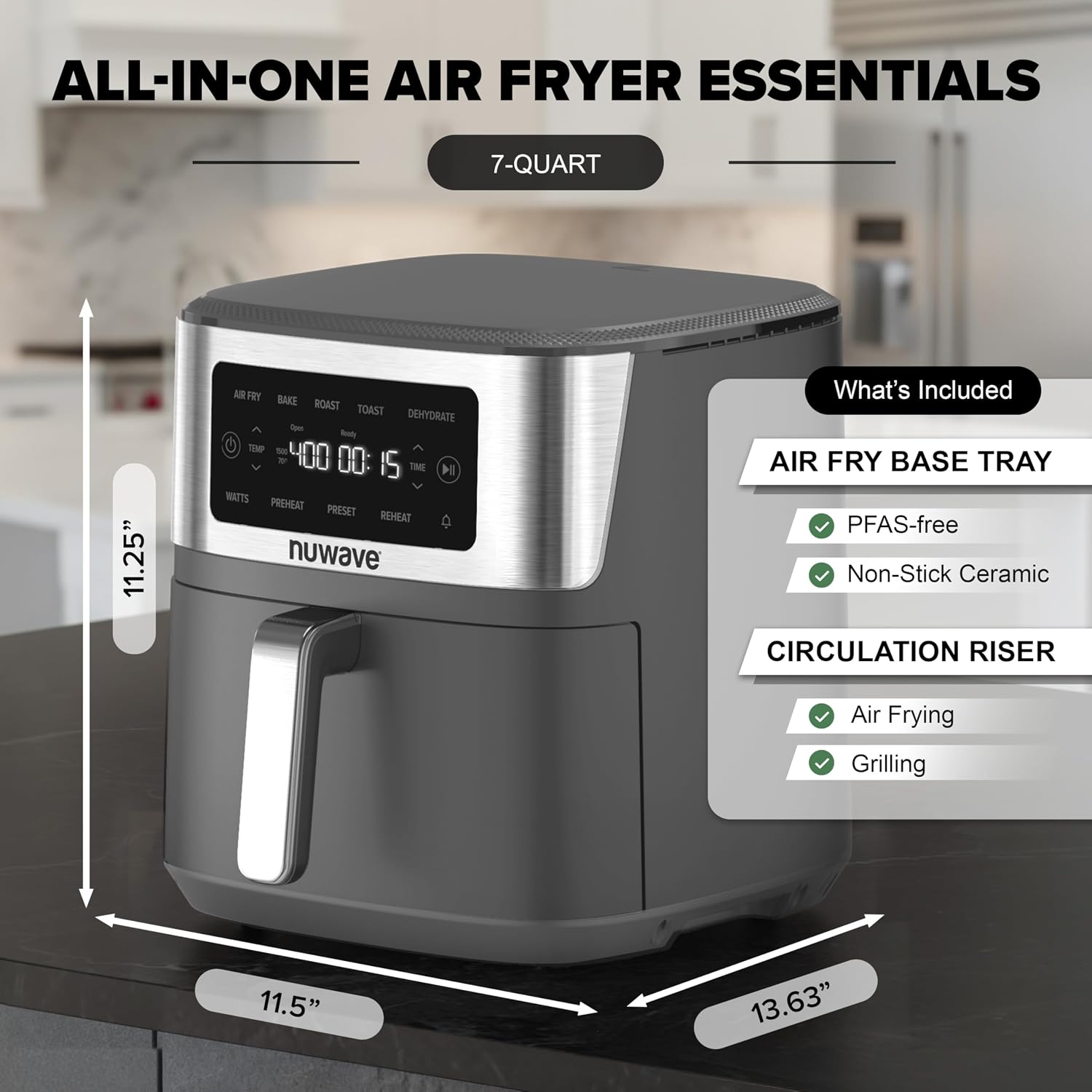 Nuwave Brio Plus 6-in-1 Air Fryer, 7-Qt Large Capacity, 50°F–400°F Precise Temp Control, Non-Toxic PFAS-Free Nonstick, Air Fry, Bake, Roast, Toast, Dehydrate, Reheat, 100 Presets, Dishwasher Safe