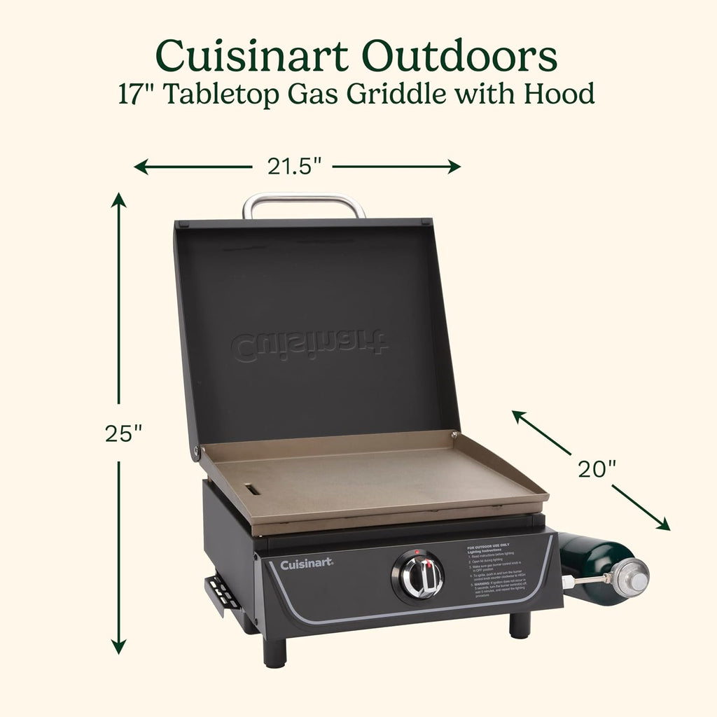 Cuisinart 17' Tabletop Gas Griddle with Hood, Easy Assembly Compact Outdoor Flat-Top Grill with Grease Cup, 255 Sq. In Cooking Space Perfect for Camping, Tailgates and BBQs