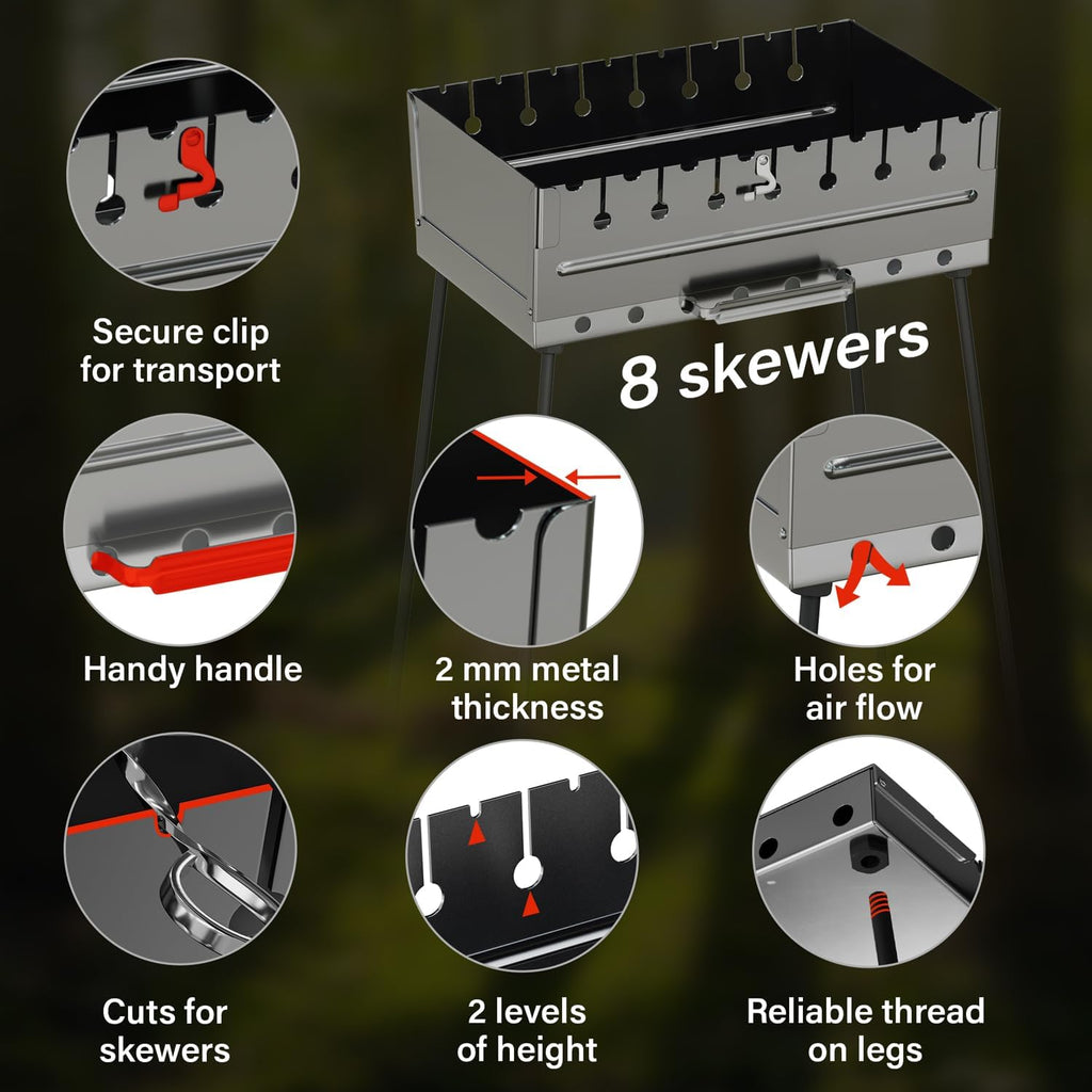 Stainless Steel Charcoal Grill for 8 Skewers – Portable BBQ 16.93'×11.81'×21.26' – Foldable Kabob Mangal – Rustproof Shish Kebab Grill for Outdoor Cooking (Skewers Not Included)
