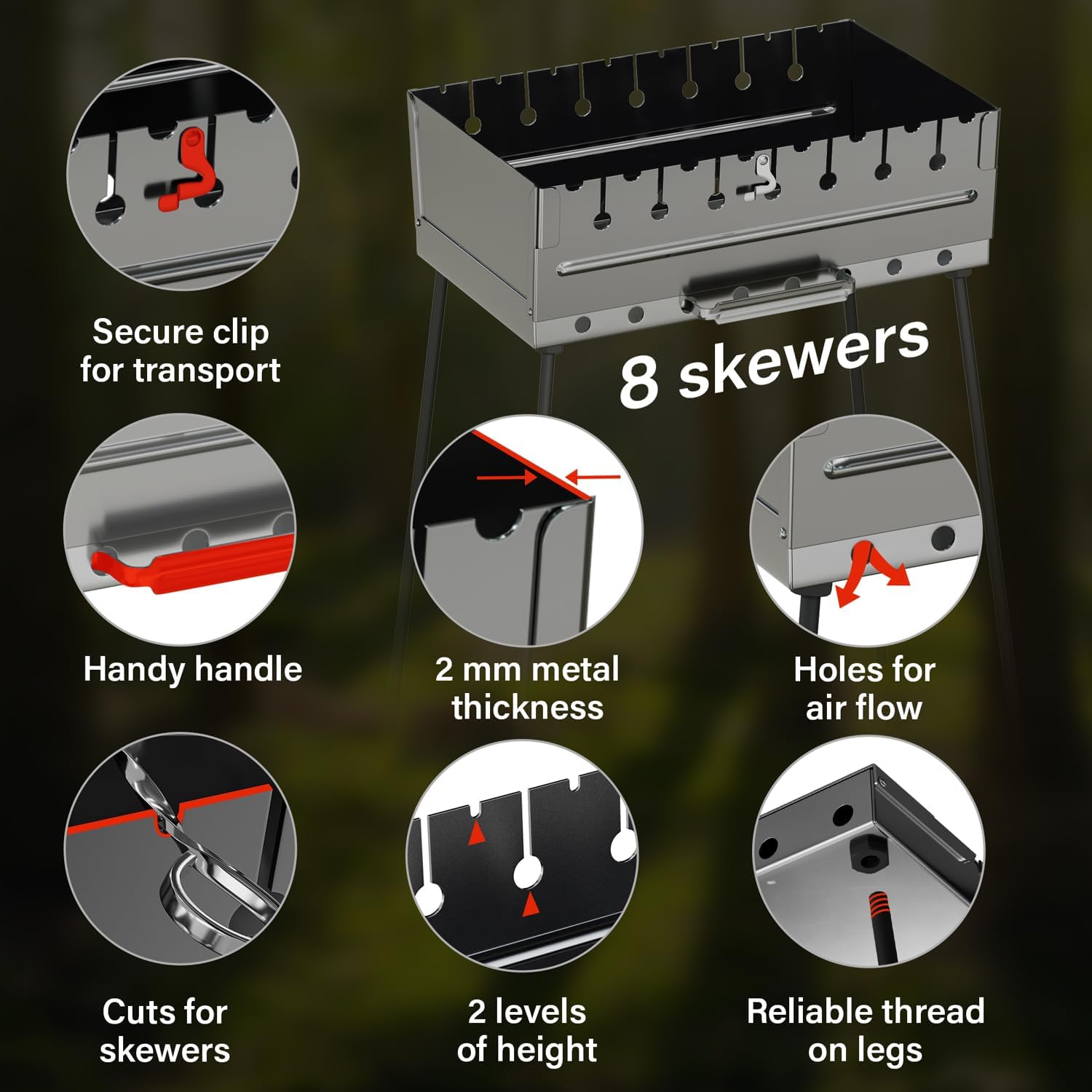 Stainless Steel Charcoal Grill for 8 Skewers – Portable BBQ 16.93'×11.81'×21.26' – Foldable Kabob Mangal – Rustproof Shish Kebab Grill for Outdoor Cooking (Skewers Not Included)