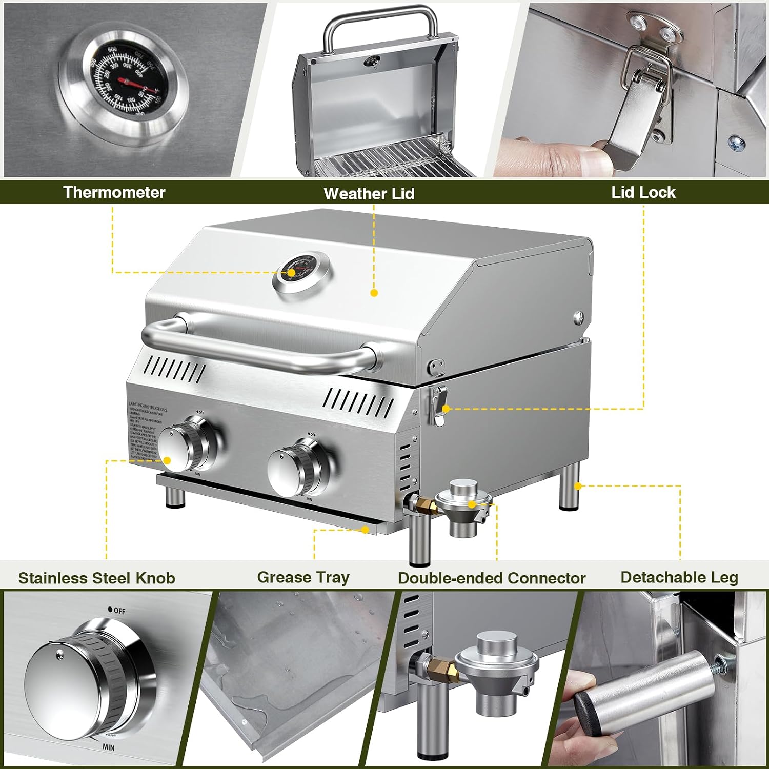 Bestfire Tabletop Propane Gas Grill 2 Burners- Dual Connections, 20,000 BTUs Stainless Steel Portable Grill Fits Large Gas Cylinders and Small Canisters for Outdoor Camping and RV Trips