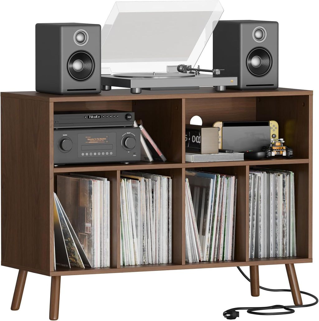 Cozy Castle Record Player Stand with Vinyl Storage Cabinet, Wood Turntable Table Open Shelf Holder Up to 350 Albums Cube Storage Organizer for Living Room, Office, Brown