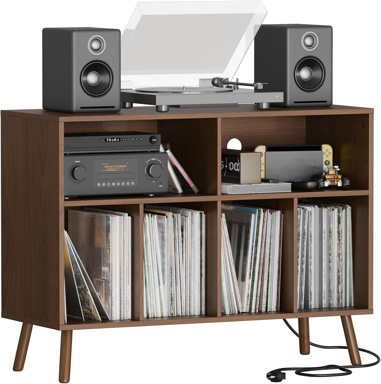 Cozy Castle Record Player Stand with Vinyl Storage Cabinet, Wood Turntable Table Open Shelf Holder Up to 350 Albums Cube Storage Organizer for Living Room, Office, Brown