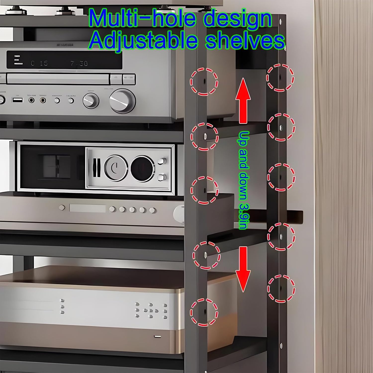 Modern Audio Cabinet - Movable Media Storage Rack for DVD/CD/Record Player, Adjustable Shelves AV Stand, Stylish Black Stereo Tower Holder (50x40)