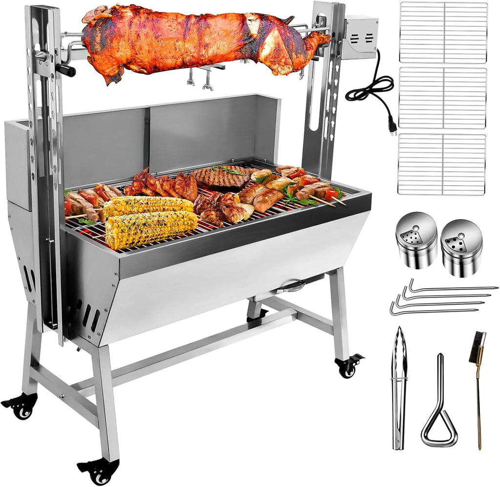 Stainless Steel Rotisserie Grill with Back Cover Guard, 25W Motor Small Pig Lamb Roaster, 37'' 2 in 1 BBQ Charcoal Rotisserie Grill for Camping Outdoor Kitchen