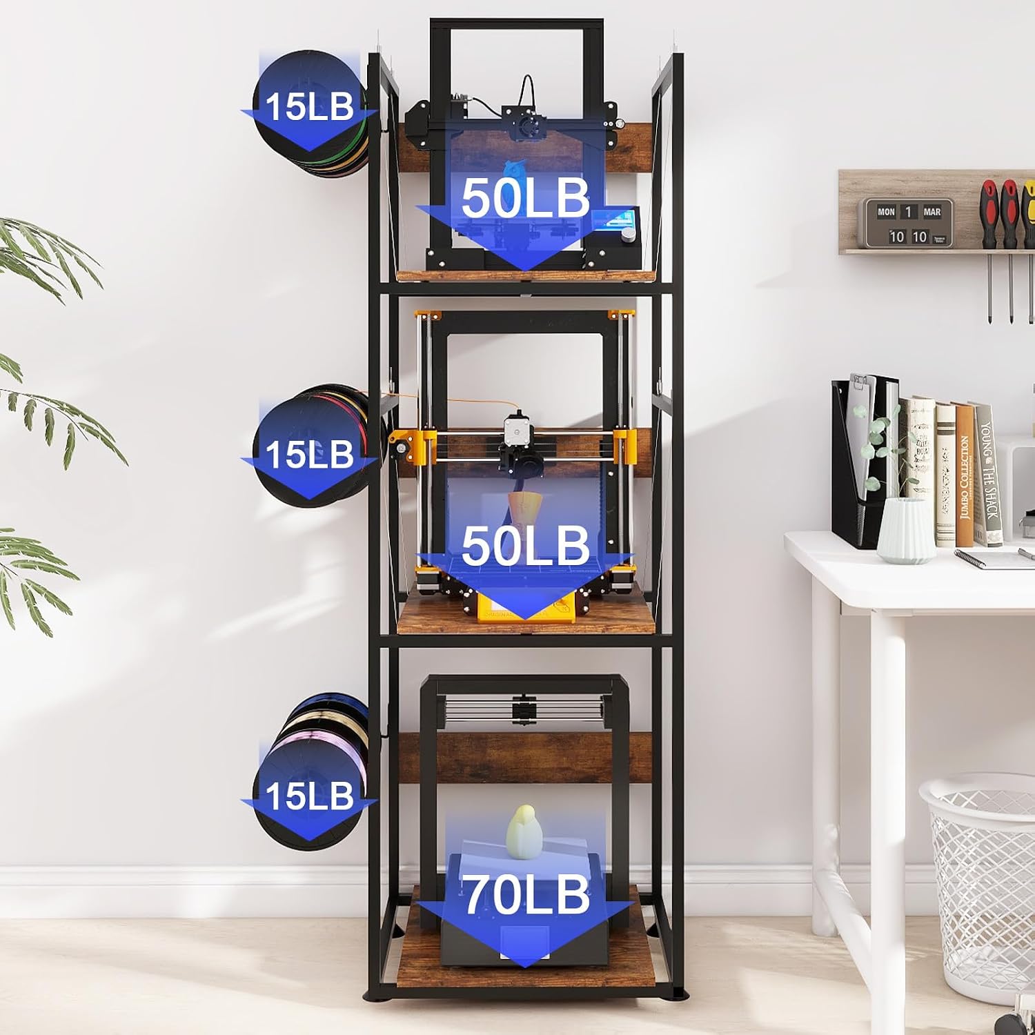 PUNCIA 3-Tier 3D Printer Stand with Filament Storage, Heavy Duty Workbench Rack – Compatible with FDM/SLA, Studio, Workshop, Office Use, Space-Saving Organizer for Multiple Filament Types