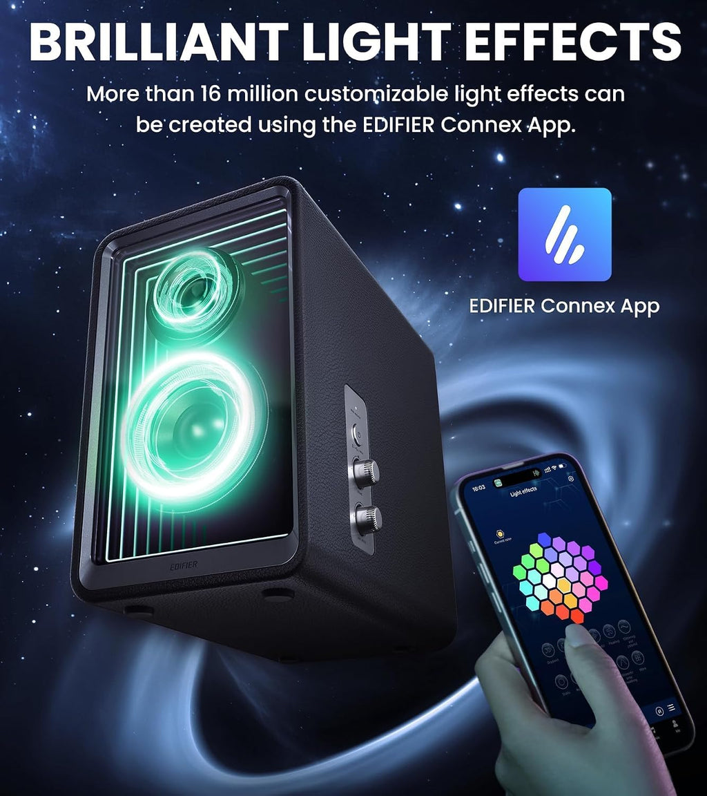 Edifier QR65 Desktop Active Monitor with 2.75' Long-Throw Aluminum Diaphragm mid-Low Drivers, Hi-Res Audio, Brilliant Light Effects, 70W Output Power Bluetooth Speakers with Stands - Black