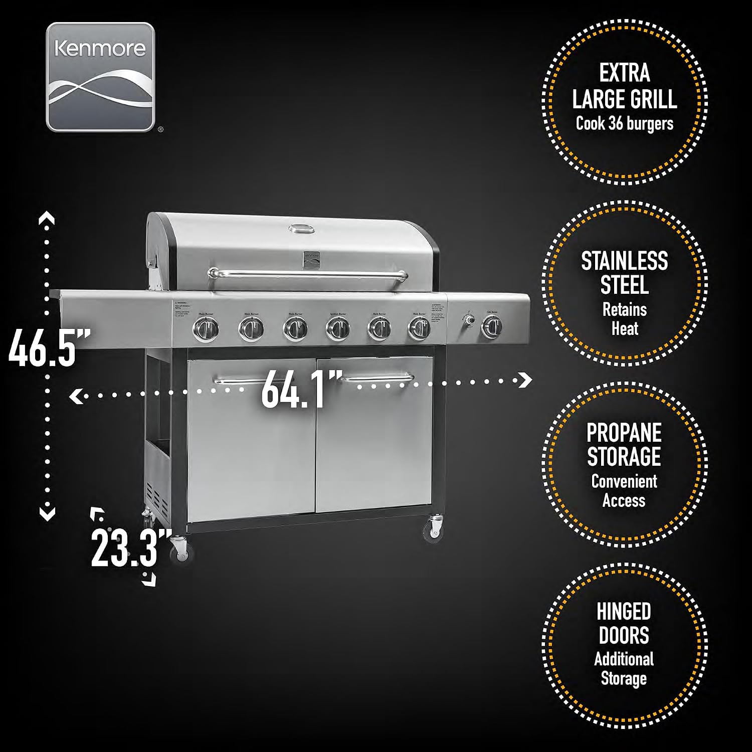 Kenmore 6-Burner Propane Gas BBQ Grill with Side Burner, 73,000 BTUs, Stainless Steel Cabinet Grill with Cast Iron Grates for Outdoor Cooking, Backyard BBQ, Patio, Large Parties