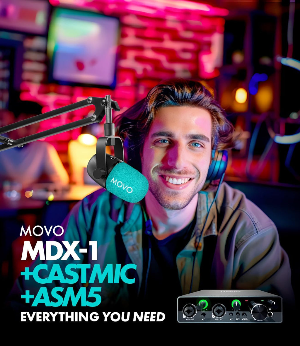 Movo Podcast Equipment Bundle for 2 with USB Audio Interface and 2 CastMic Dynamic Podcast Microphone Bundle with Mic Boom Arms for Podcasting, Streaming, and Musicians - Podcast Kit for Computers