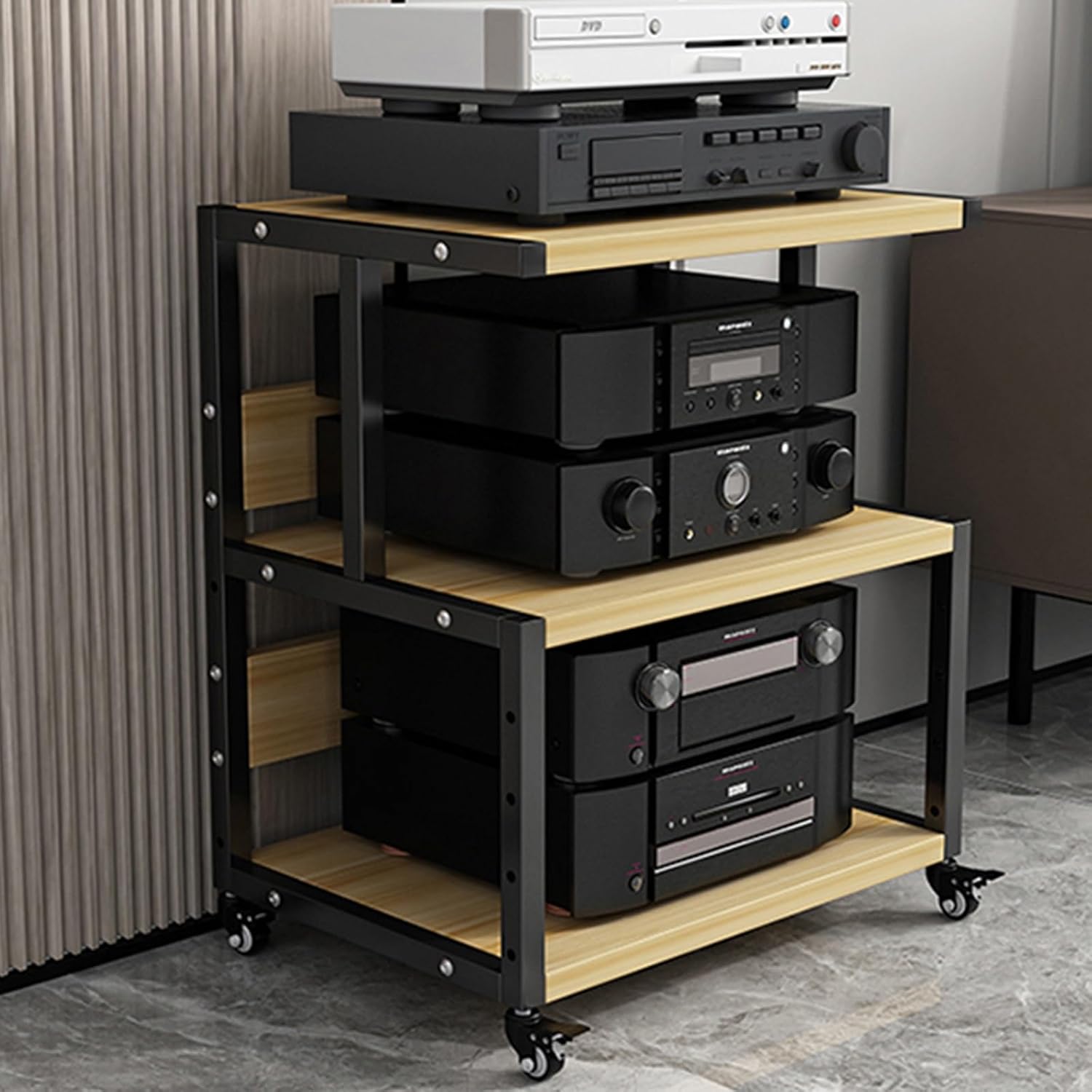Home Stereo Rack Cabinet, 3 Layer Portable Rolling Vertical Audio-Video Media Equipment Amplifier Stand Shelf, for Office/Hotel/Coffee Shop/Game Room Storage(Walnut Color)
