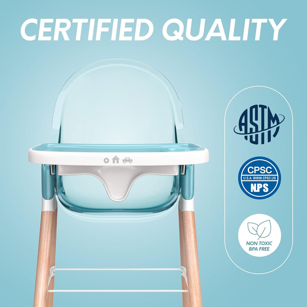 6 in 1 Deluxe Wooden High Chair for Babies & Toddlers, Modern Safe & Compact Baby Highchair, Easy to Clean & Assemble, Removable Tray, 6 Options 3 Seat Positions 2 Heights (Blue)