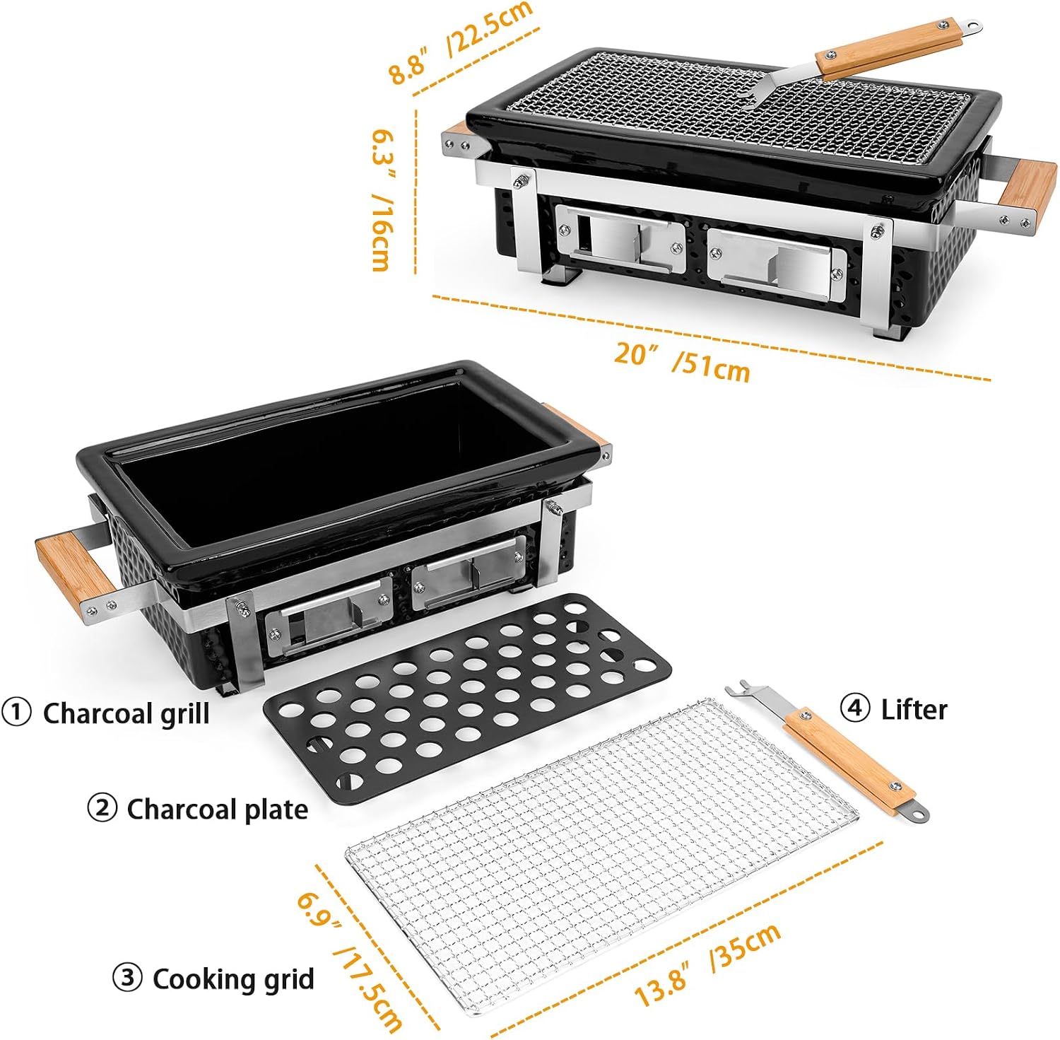 ONLYFIRE GRILLS Charcoal BBQ Hibachi Grill with Grid Lifter, Portable Yakitori Grill with Stainless Steel Grate, Barbecue Stove for Outdoor Camping Picnic Patio Backyard Cooking, GS306