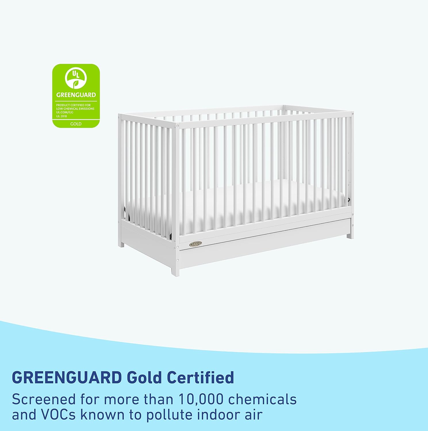 Graco Teddi 5-in-1 Convertible Crib with Drawer – GREENGUARD Gold Certified, Full-Size Nursery Storage Drawer, Baby Crib Converts to Toddler Bed, Daybed and Full-Size Bed (White)
