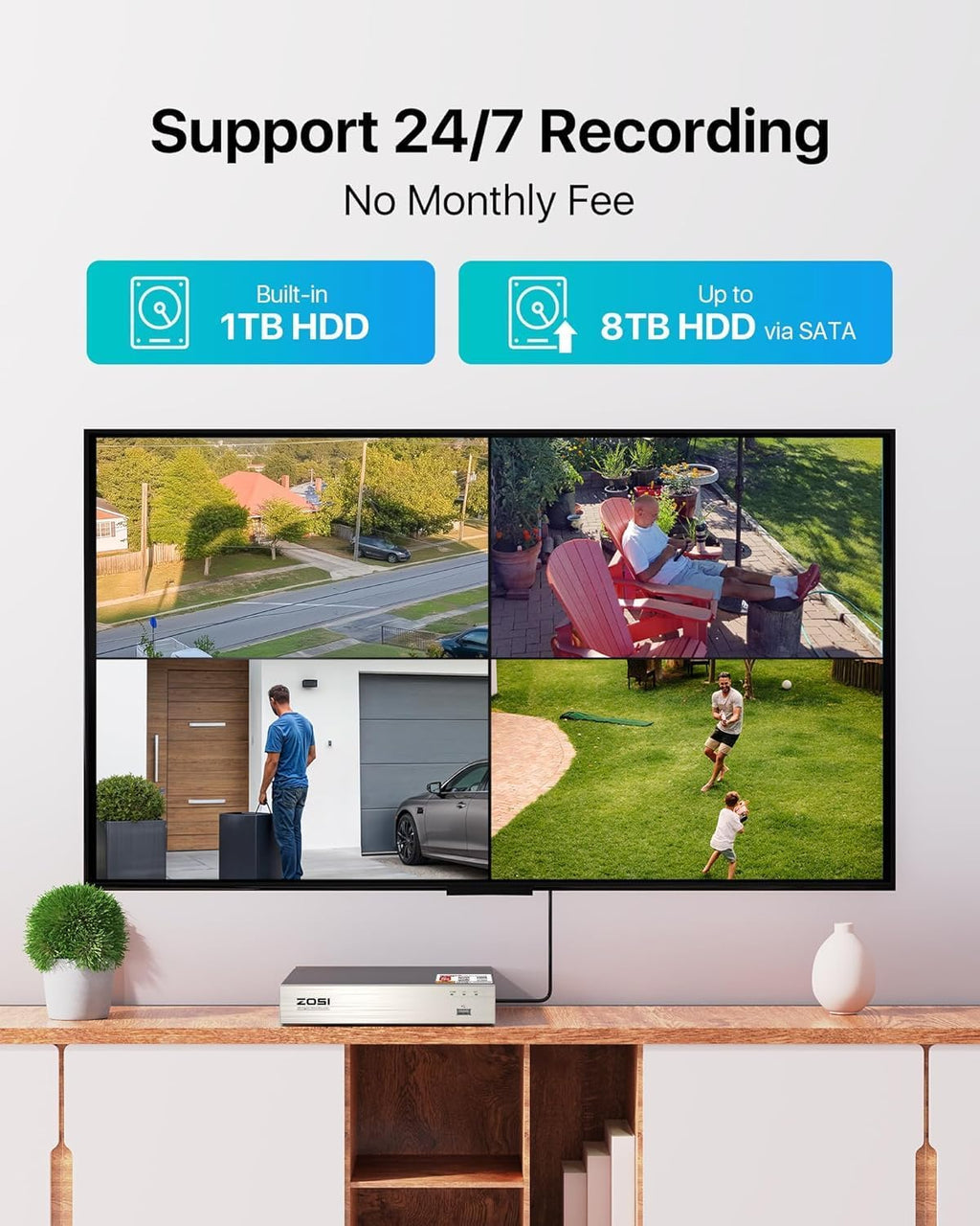 ZOSI 1080p Home Security Cameras System with AI Human/Vehicle Detection,H.265+ 8CH CCTV DVR and 4pcs 2.0MP 1920TVL Surveillance Cameras Indoor Outdoor,80ft Night Vision,Remote Access(No HDD)