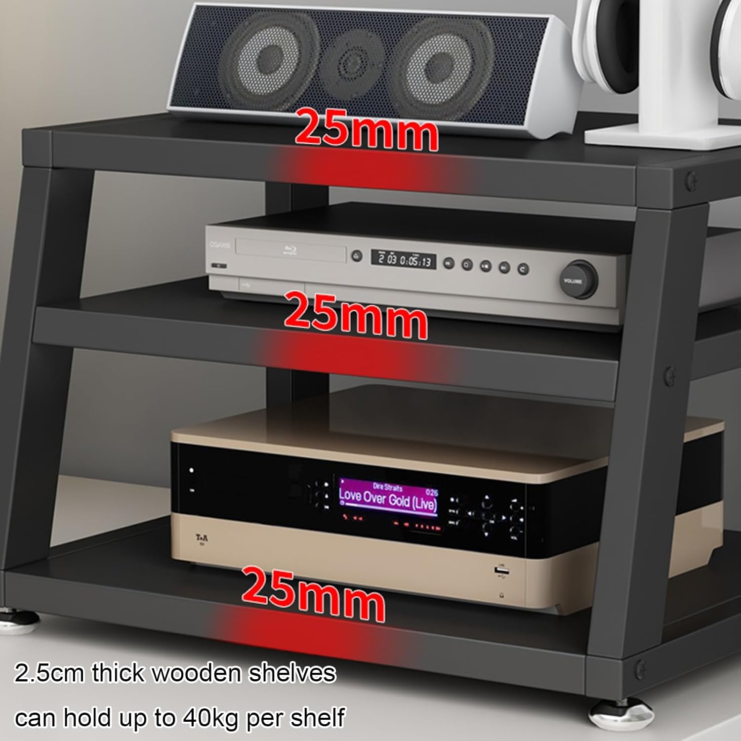 2/3/4-Tier AV Media Stand Desktop or Floor-Standing Audio Rack CD Player Stand Home Corner Stereo Equipments Components Cabinet Multi-Function Open Storage Shelf with Wooden Shelves(A-2 Tier,50cm(19.7