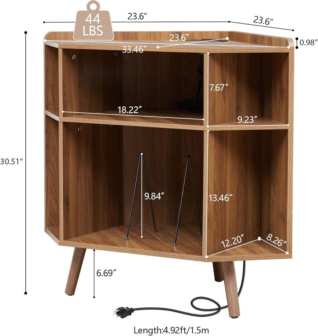 Corner Record Player Stand with Charging Station & USB Ports, 3 Tier Mid Century Modern Vinyl Record Storage Cabinet, Wood Turntable Stand for Music Room, Living Room, Small Space (Walnut)