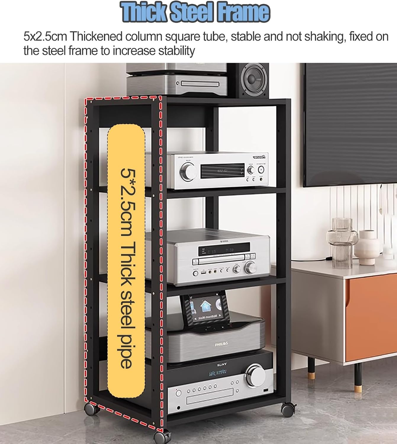 131cm Tall Mobile Stereo Racks and Stands on Wheels Heavy Duty Audio Equipment Rack Cart with Height-Adjustable Shelf, Entertainment Stereo Components Av Media Stand, 6 Tier