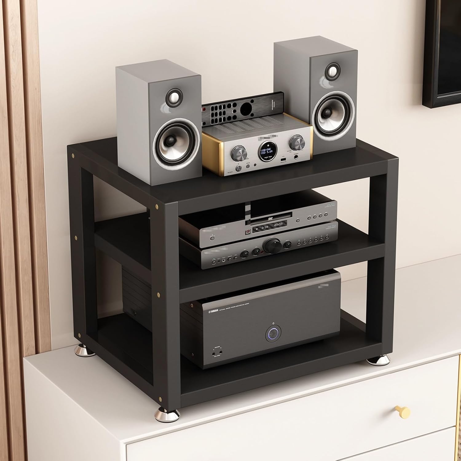 Modern Audio Rack - Black AV Media Stand with 3 Tiers, Spacious Storage Shelf for Stereo Equipment, Sturdy Steel Frame, Foot Pads, 40x35x35.5CM - Stylish Media Storage Solution