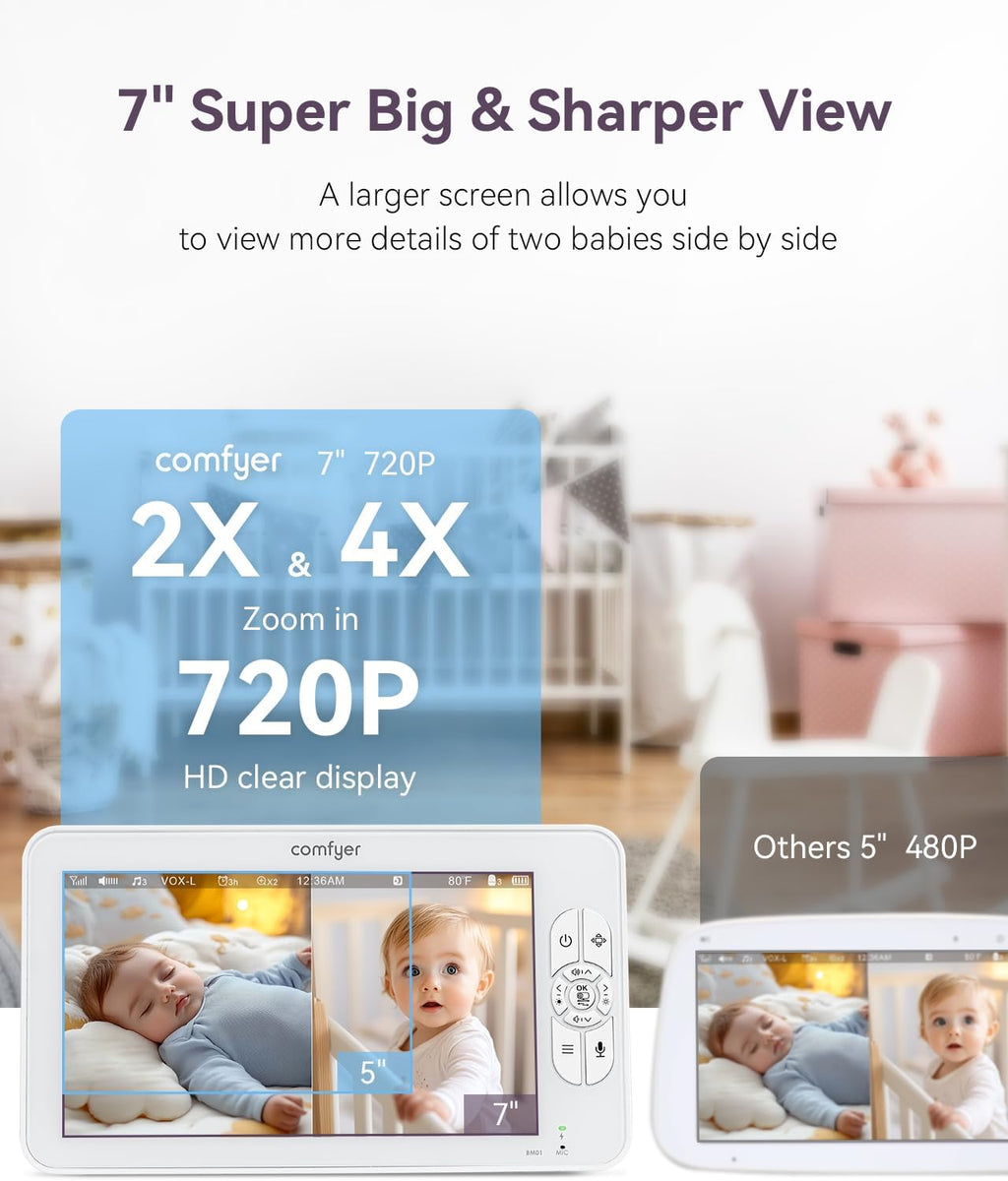 Comfyer BM01 7' HD Split-Screen Baby Monitor with 2 1080P Cameras, 48 Hrs 6000mAh Battery Runs 2 Days in VOX Mode, No WiFi Monitor with a Flexible Bracket, 2 Way Audio, Remote PTZ, Auto Night Vision