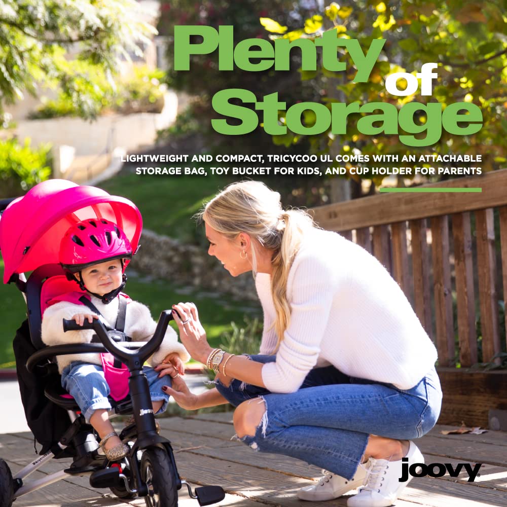 Joovy Tricycoo UL Kids Tricycle with 8 Stages Featuring 3 Rubber Tires, Removable and Adjustable Parent Handle, Safety Harness, 3-Position Recline Seat, and Retractable Canopy, Pink Crush