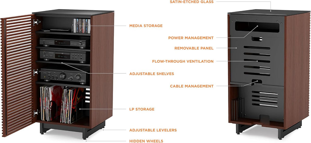 BDI Furniture Corridor 8172-22'' Audio Cabinet with Flow-Through Ventilation, Cable Management, Adjustable Shelves, Louvered Doors, Satin-Etched Tempered Glass Top, Chocolate Stained Walnut