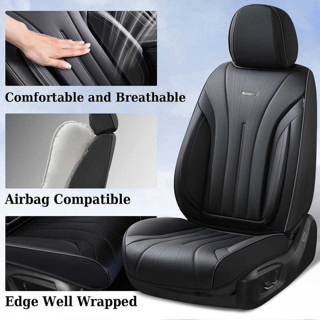 Coverado Car Seat Covers Full Set, Waterproof Nappa Leather Seat Cover for Cars, Luxury Universal Seat Cover, Front and Back Car Seat Protector Car Seat Cushion Fit for Most Cars(Black)