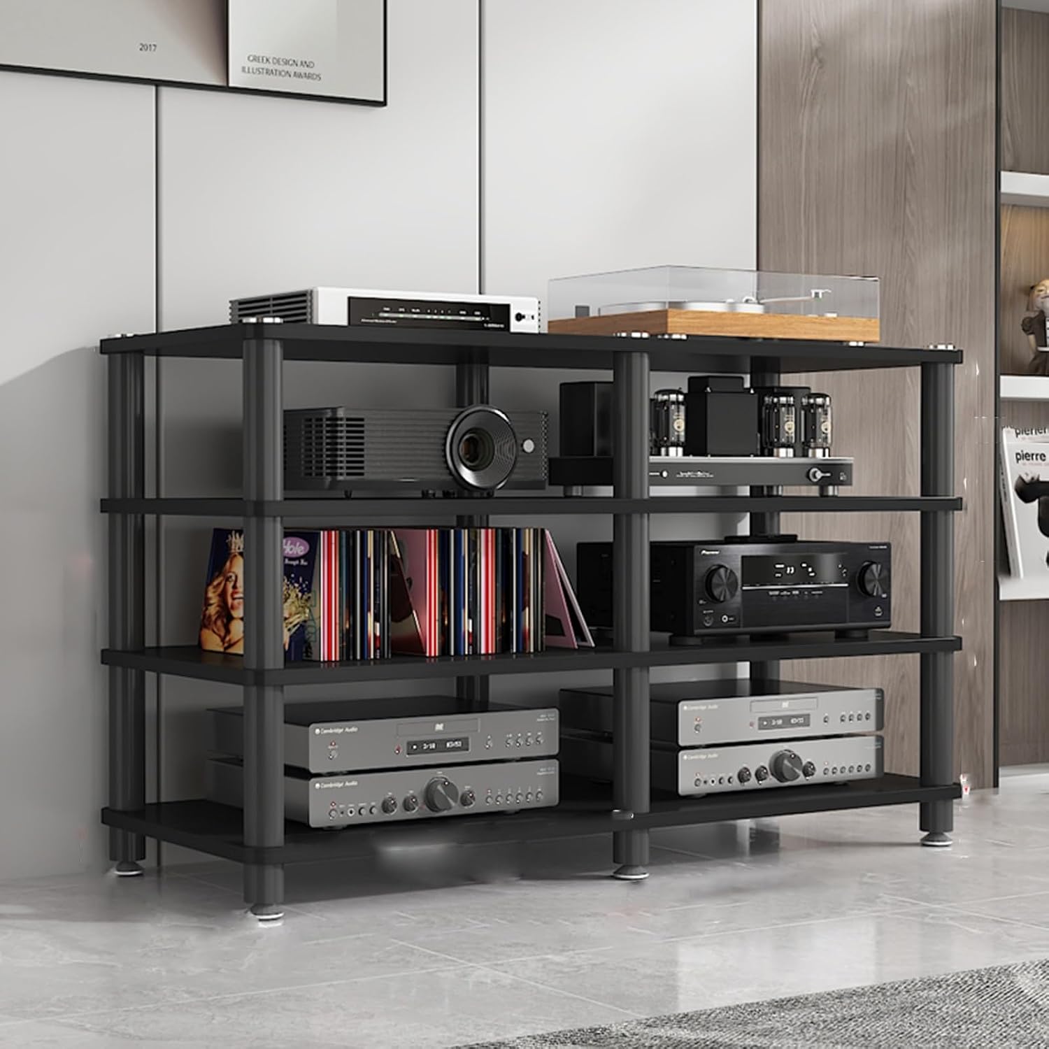 4-Tier Corner AV Media Stand - Stereo Audio Rack & Entertainment Tower Shelf for Video Game Consoles, Deep Black Storage Cabinet (120x40x70cm)