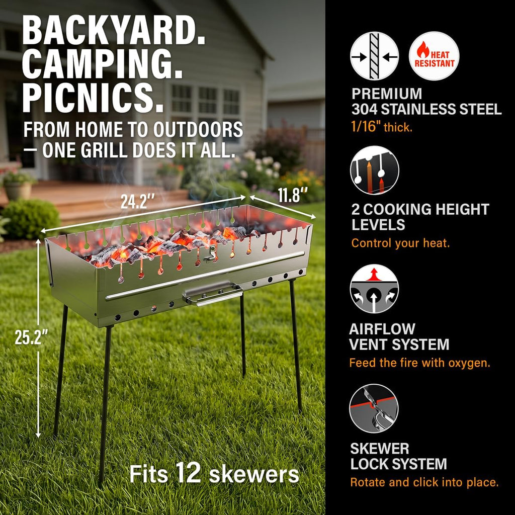 Stainless Steel Charcoal Grill for 12 Skewers – Portable BBQ 24.80'×9.45'×25.2' – Foldable Kabob Mangal – Heavy-Duty Rustproof Grill for Outdoor (Skewers Not Included)