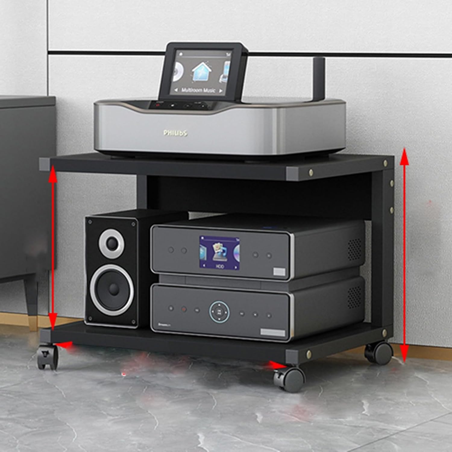 Modern Audio-Video Media Stand with Wheels - 2-Tier Corner Shelf Cabinet, Height Adjustable Wooden Shelves, Stereo Racks & Storage - Deep Black, 50x40 cm.