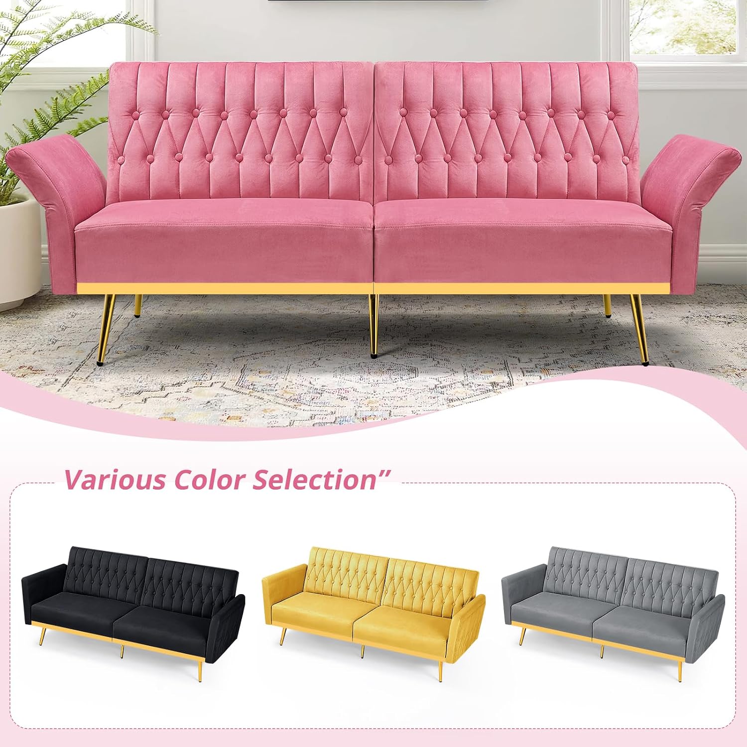 70' Velvet Futon Sofa Bed with 2 Pillows and Adjustable Armrests, Convertible Sleeper Bed, Modern Loveseat for Living Room, Bedroom, Pink