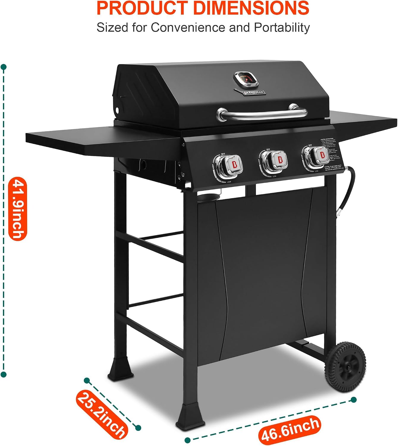 BRANDMAN GRILLS SINCE 1987 3-Burner Propane Gas Grill, 27,000 BTU BBQ Grill with Porcelain-Enameled Grates, Built-In Thermometer, Side Shelves, Heavy-Duty Wheels – Outdoor Grill for Patio & Backyard