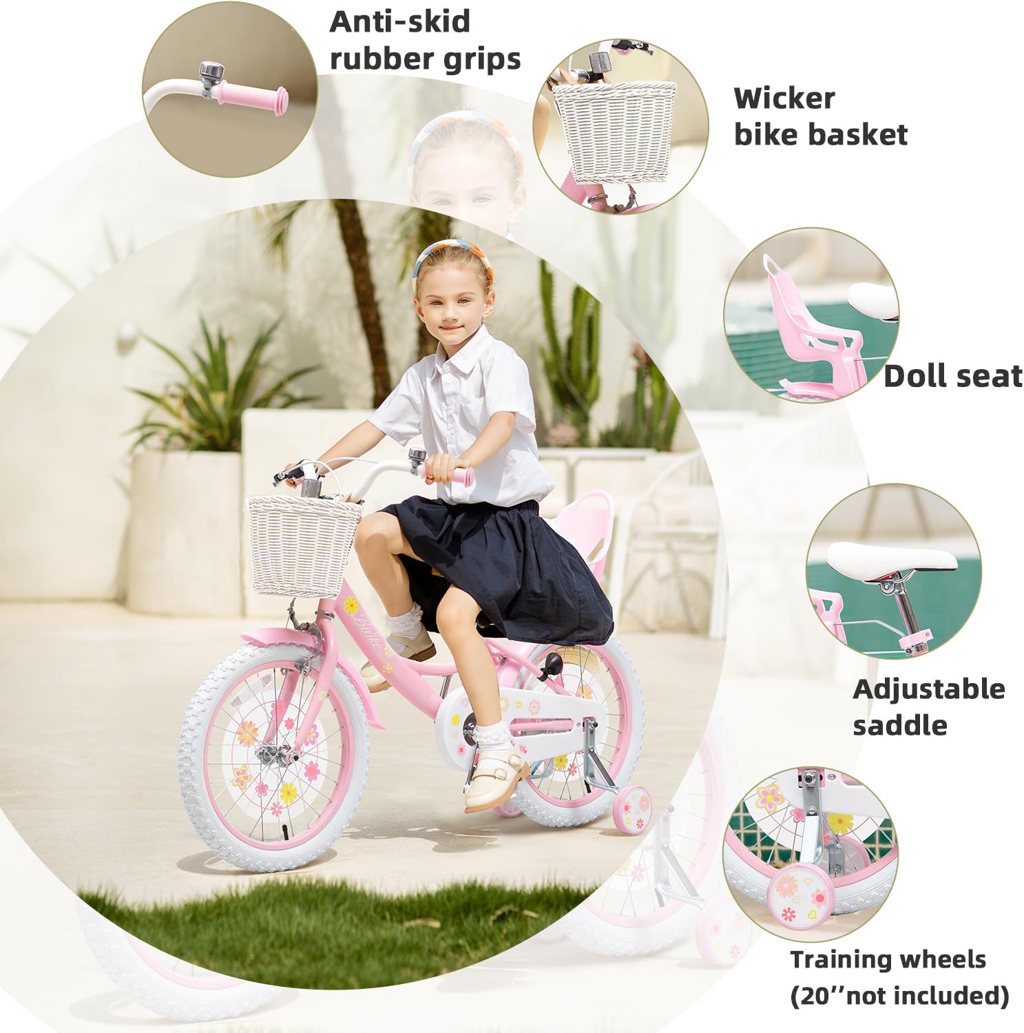 Bixike Girls Bike with Basket for Toddlers and Kids Aged 3-14 Years Old, 12 14 16 18 Inch with Training Wheels & Doll Seat, 20 Inch with Kickstand & Rear Rack, Princess Style Bicycle for Gift.