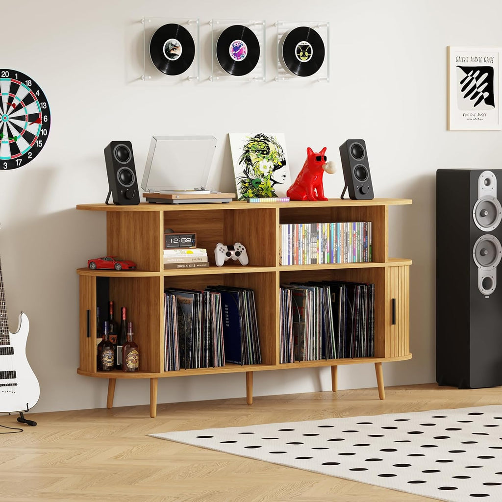 55.1' Wide Record Player Stand with Storage - Vinyl Record Storage Cabinet & Media Console Holds 300+ Records, Mid Century Modern Turntable Stand for Living Room (Natural, 55.1')