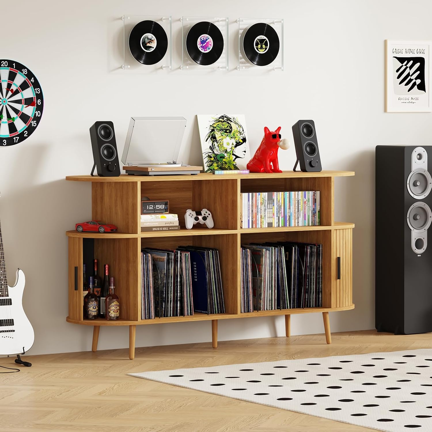 55.1' Wide Record Player Stand with Storage - Vinyl Record Storage Cabinet & Media Console Holds 300+ Records, Mid Century Modern Turntable Stand for Living Room (Natural, 55.1')