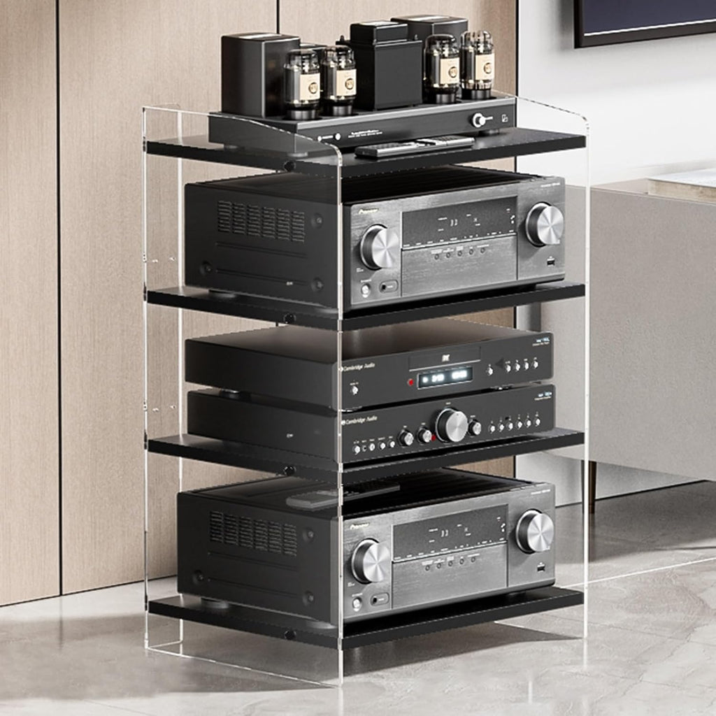 3 4 Tier Media Console Table Stereo Stand Cabinet, Acrylic Audio Equipment Racks w/Adjustable Board for Home Living Room, Record Player Tower Shelving Organizer(Light Coffee,4 Tier)