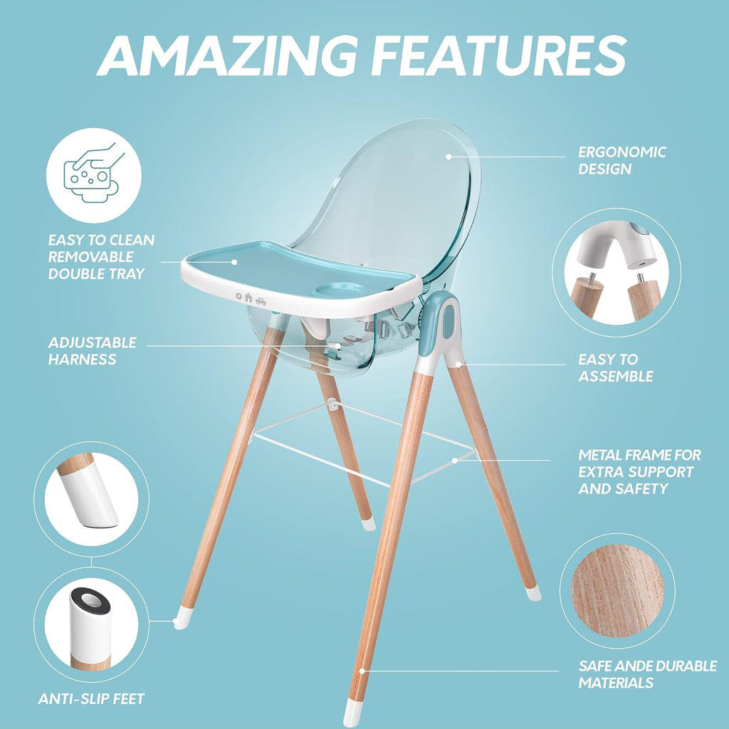 6 in 1 Deluxe Wooden High Chair for Babies & Toddlers, Modern Safe & Compact Baby Highchair, Easy to Clean & Assemble, Removable Tray, 6 Options 3 Seat Positions 2 Heights (Blue)