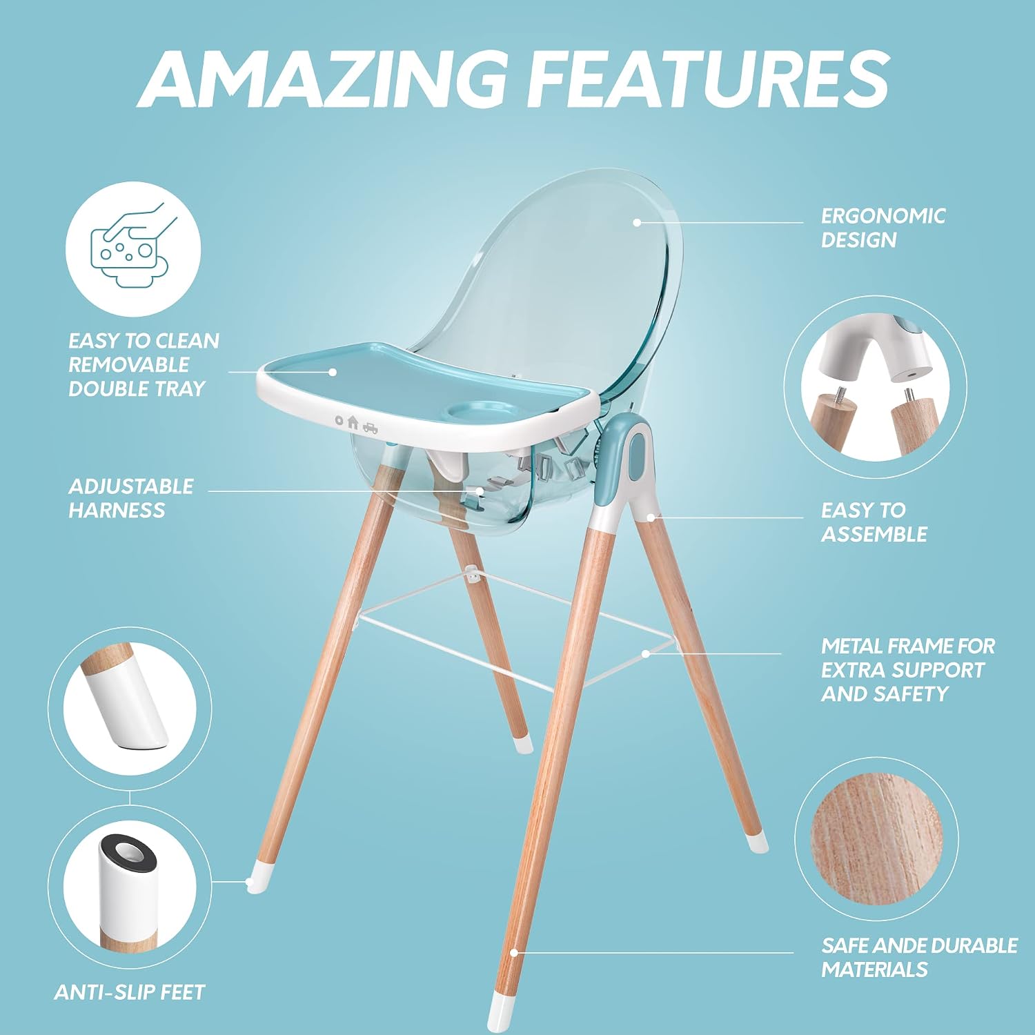 6 in 1 Deluxe Wooden High Chair for Babies & Toddlers, Modern Safe & Compact Baby Highchair, Easy to Clean & Assemble, Removable Tray, 6 Options 3 Seat Positions 2 Heights (Blue)
