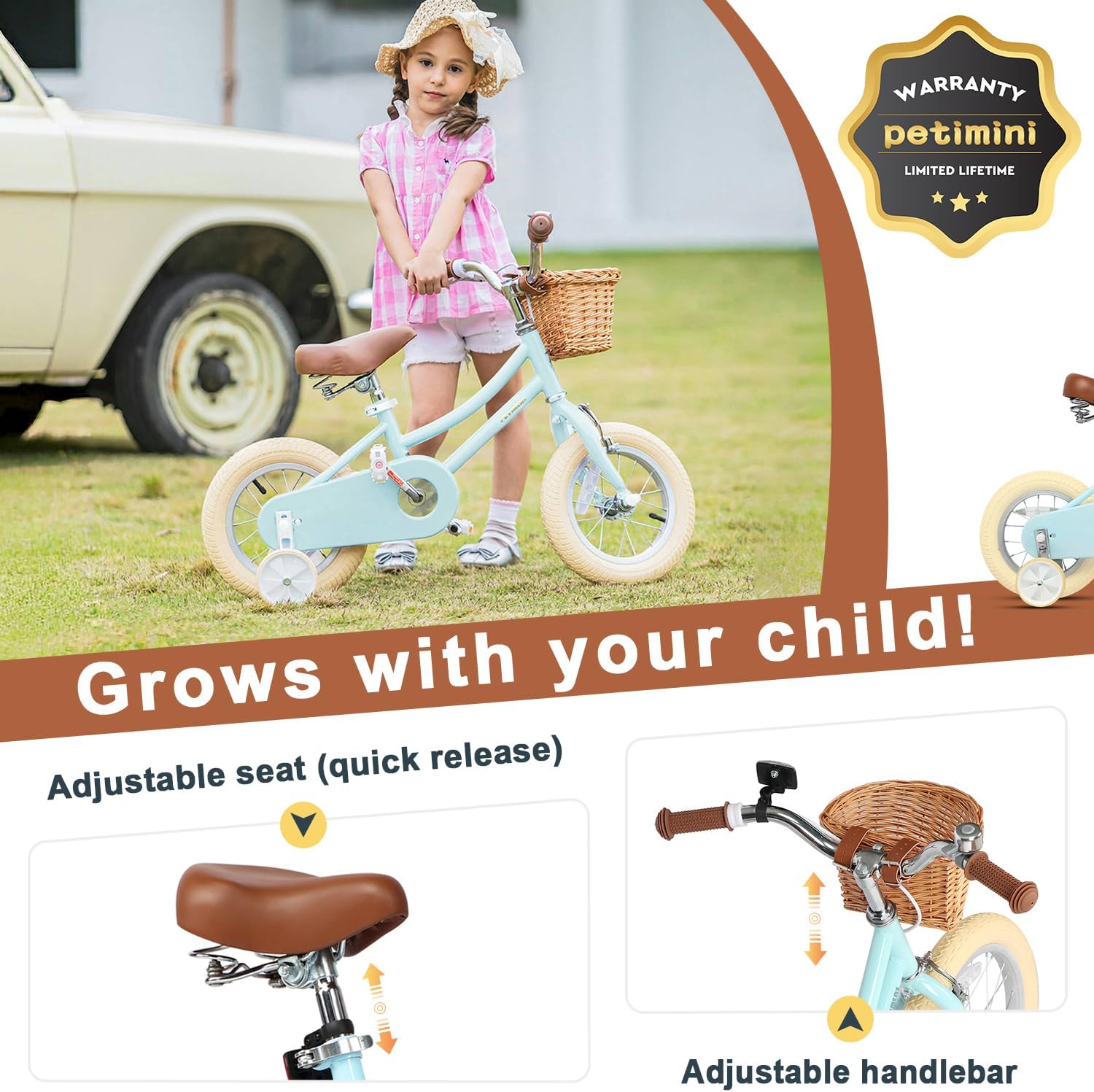 Petimini Vintage Kids Bike for Girls, 12–20 Inch Classic Bicycle with Wicker Basket & Bell, High Tensile Steel Frame, Training Wheels (12–18'), 85% Pre-Assembled, Retro Bike for Outdoor Riding