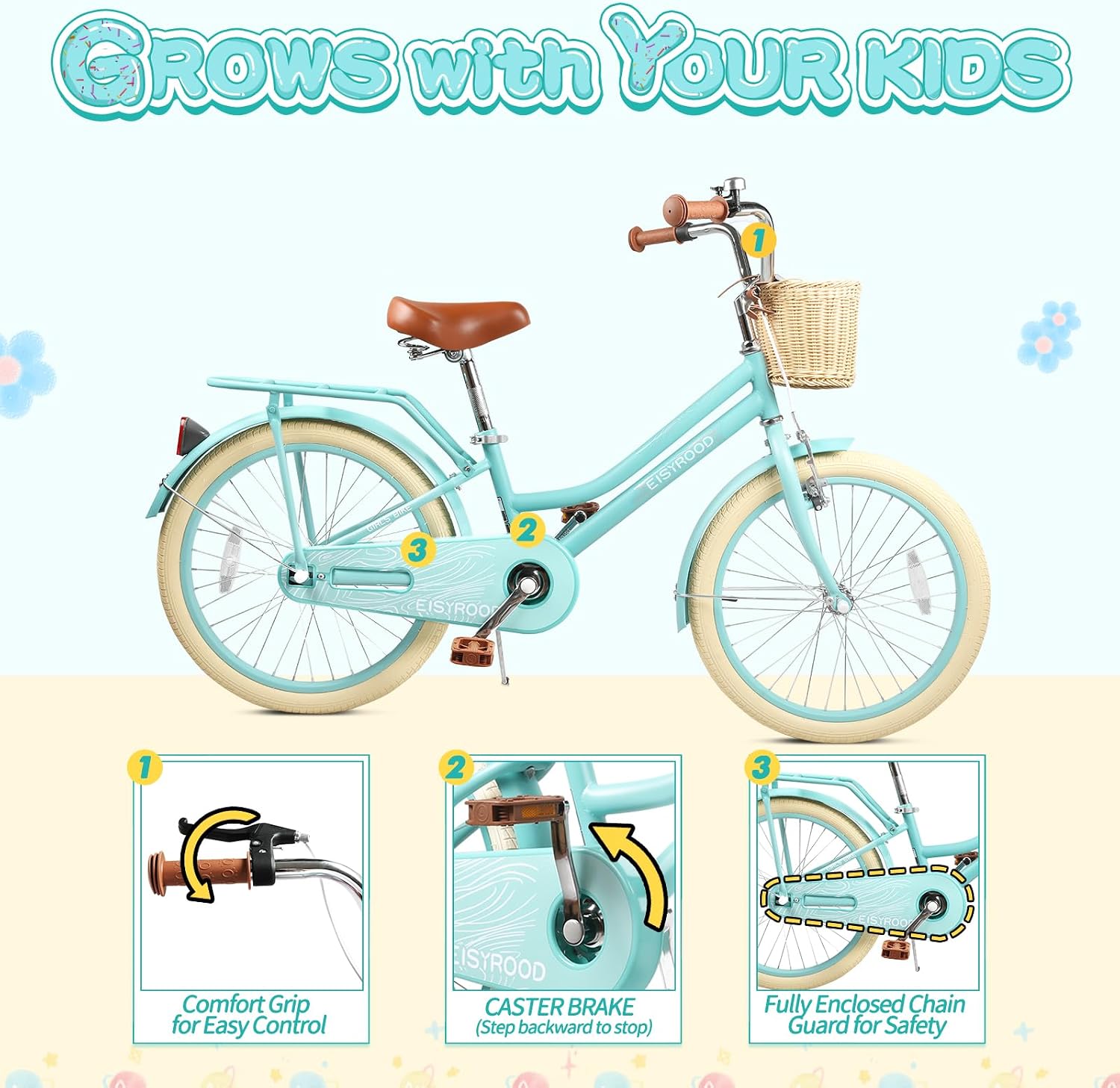 20 Inch Girls Bike, Single Speed Kids' Bicycles with Basket and Kickstand, Kids Beach Cruiser Bike for Girls, Adjustable Seat, Multiple Colors