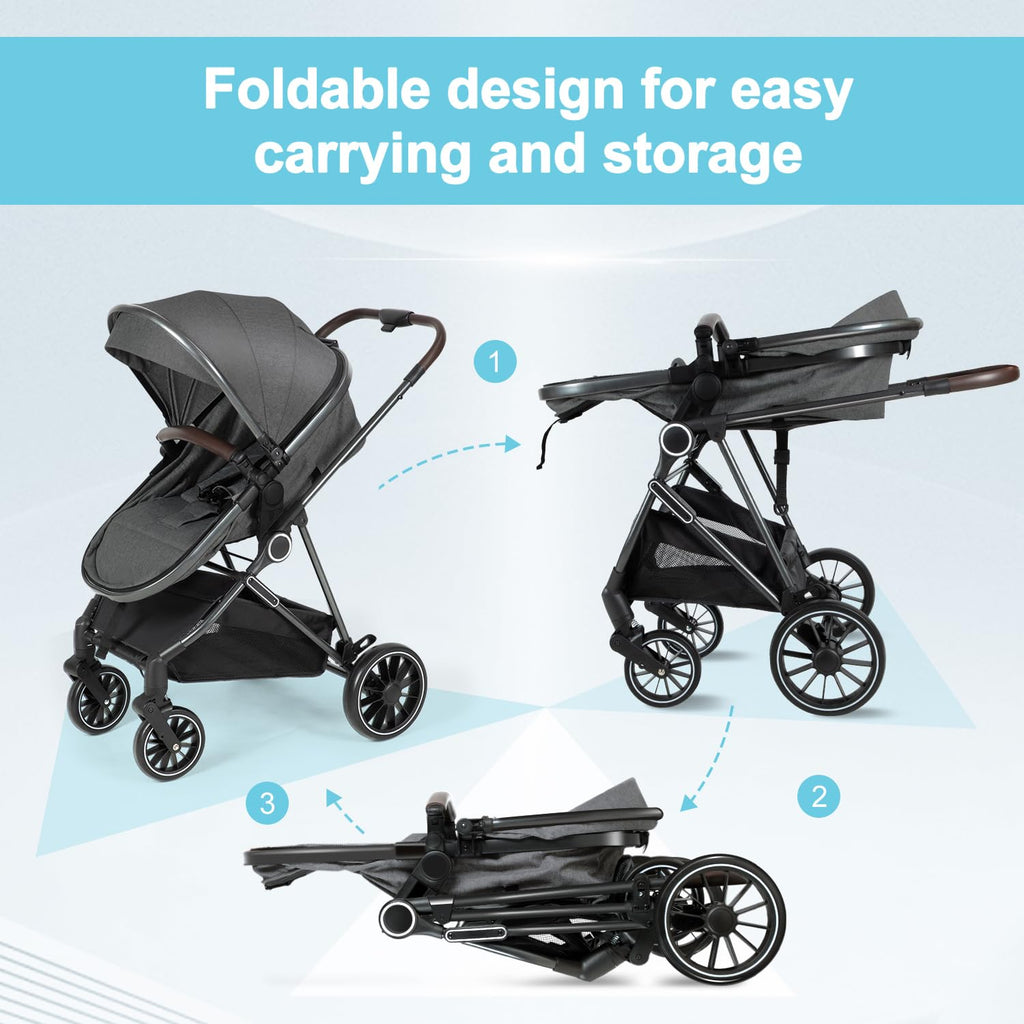 ANNA QUEEN 2 in 1 Baby Stroller,Folding High Landscape Infant Stroller,Reversible Pram, Convertible Pushchair for Infants and Newborns 0-36 Months