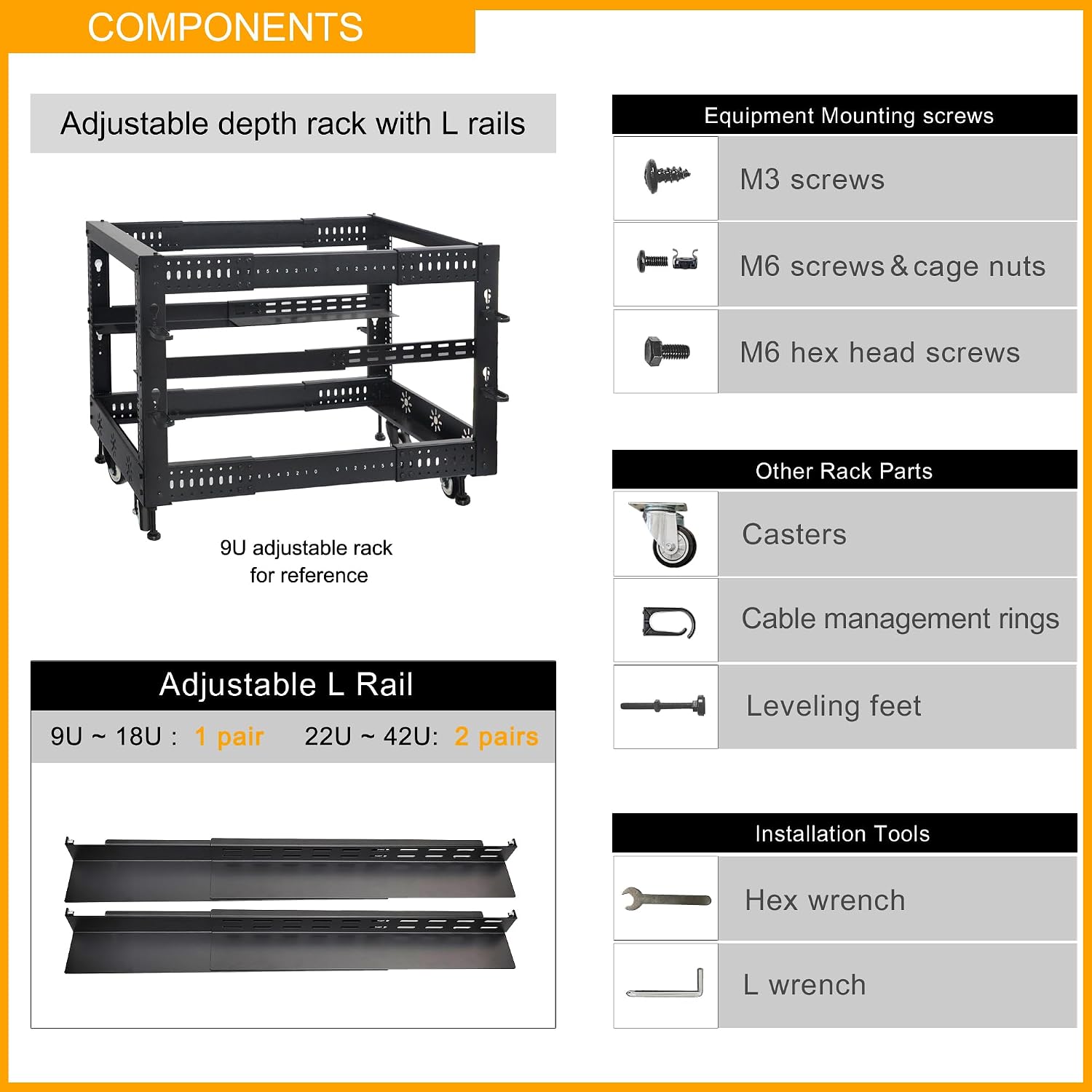 RIVECO 9U 19' Adjustable Depth Server Rack Support Up to 1700LBS Floor Standing 4 Post Rack with Load-Bearing Casters Universal for Network Equipment Black