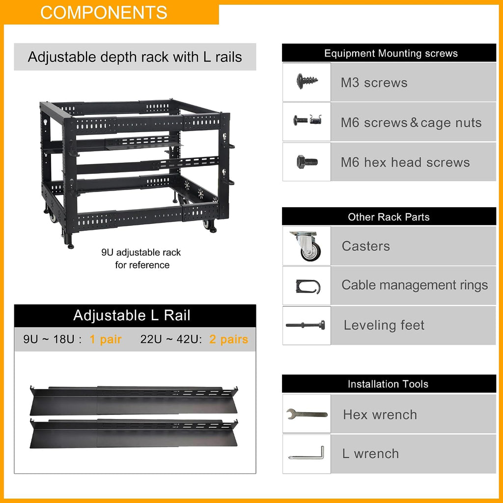 RIVECO 25U 19' Adjustable Depth Server Rack Support Up to 1700LBS Floor Standing 4 Post Rack with L Rails & Load-Bearing Casters Universal for Network Equipment Black