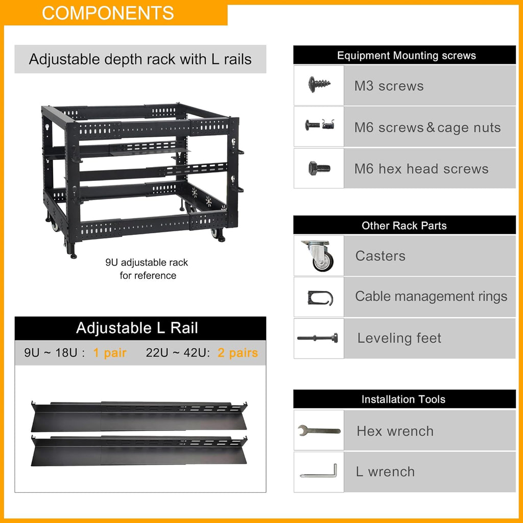 RIVECO 15U 19' Adjustable Depth Server Rack Support Up to 1700LBS Floor Standing 4 Post Rack with L Rails & Load-Bearing Casters Universal for Network Equipment Black