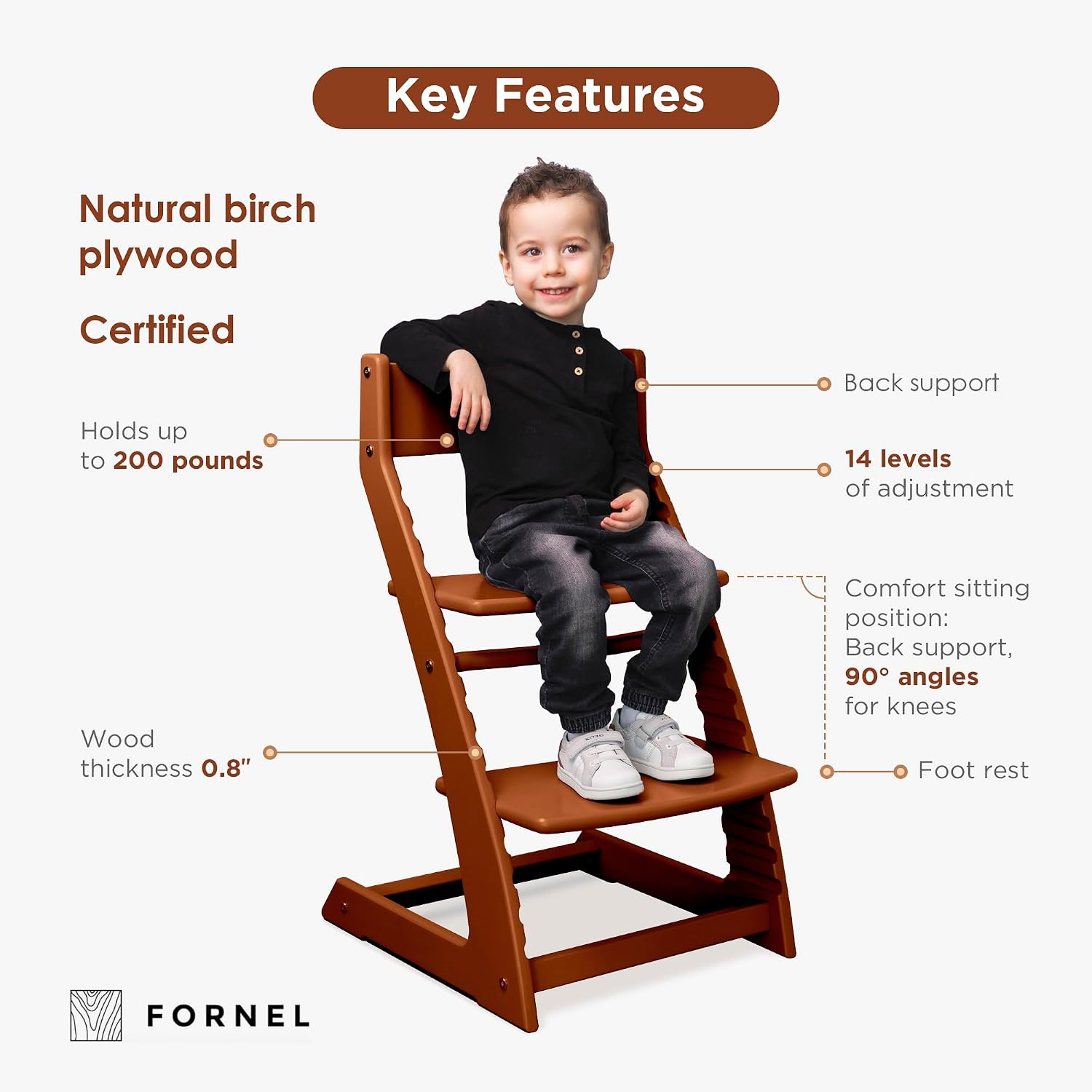 FORNEL Adjustable Wooden High Chair for Babies, Toddlers & Kids | The Grow-with-Me Chair from 6 Months to 200 lbs | Modern, Easy to Clean Dining Chair (Walnut)
