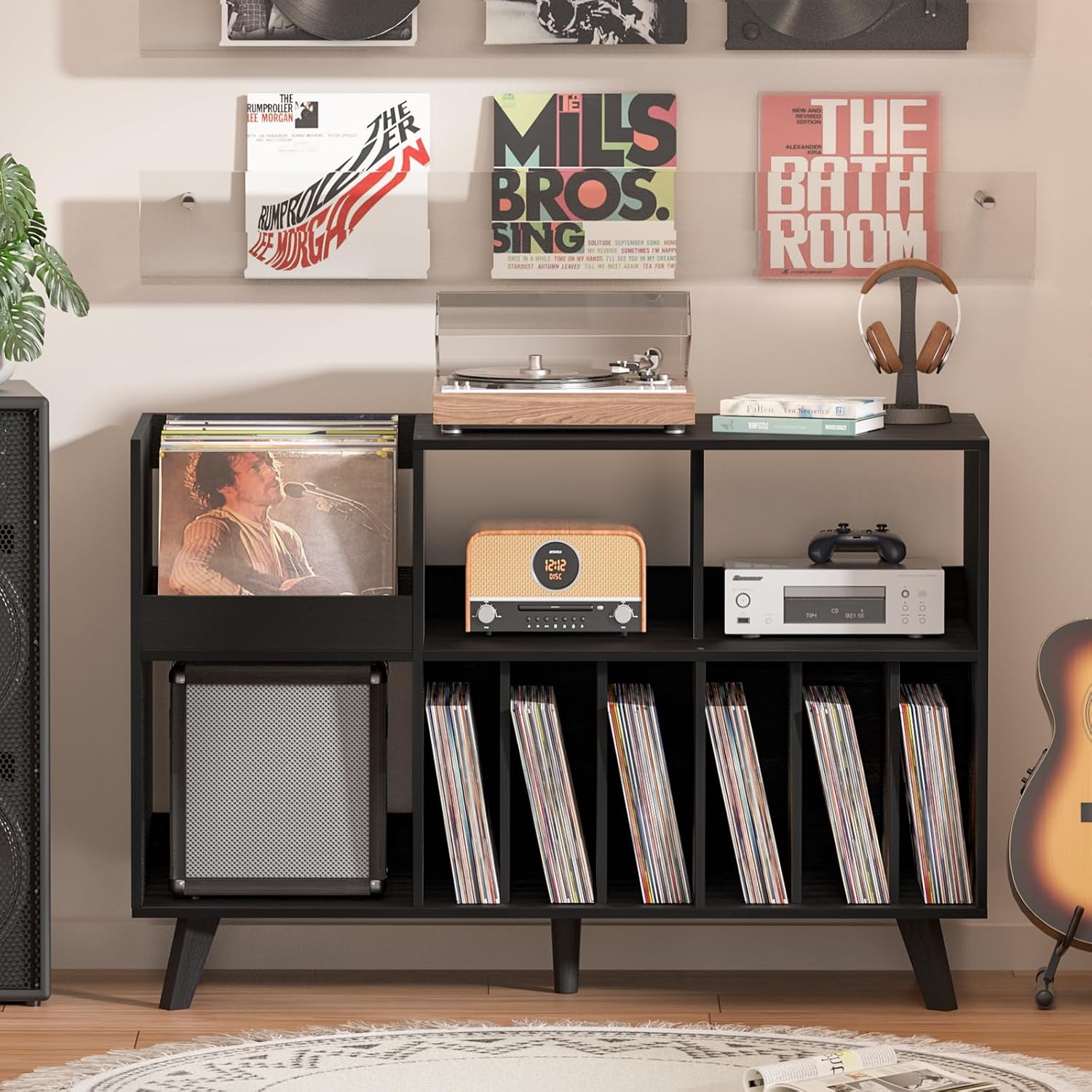 LELELINKY Large Record Player Stand, 48''Turntable Stand with Storage, Vinyl Record Holder with Display Area, Record Player Table Holds Up to 450 Albums, Record Stand for Music Room Living Room