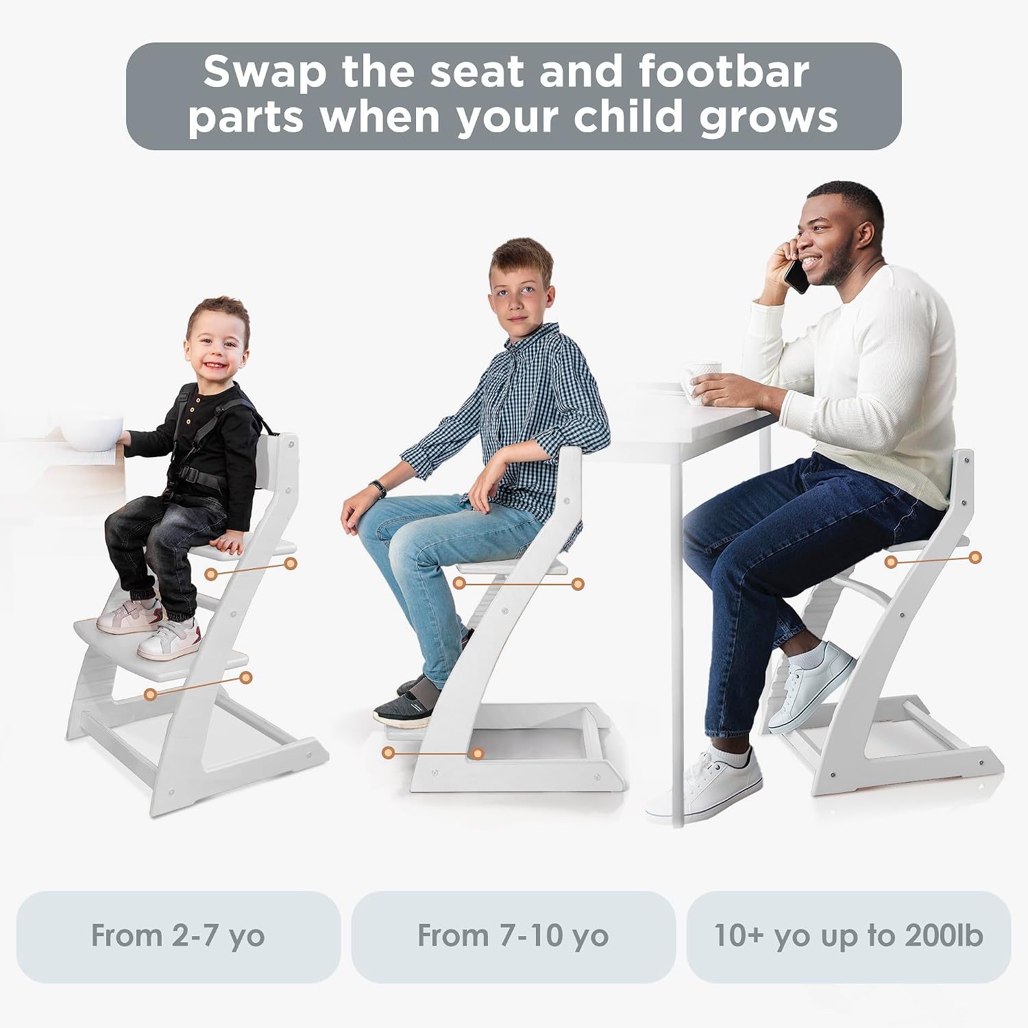 FORNEL Modern White Wooden High Chair | The Forever Chair that Grows from Toddler to Adult (200 lb) | Sleek, Easy-to-Clean Scandinavian Design